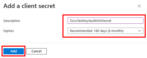 Azure Portal에서 앱에 대한 클라이언트 암호 추가 섹션의 스크린샷.