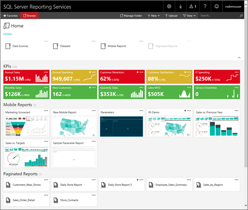 SQL Server Reporting Services 포털의 스크린샷입니다.