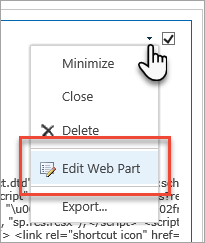 웹 파트 편집이 강조 표시된 아래쪽 화살표 메뉴의 스크린샷.