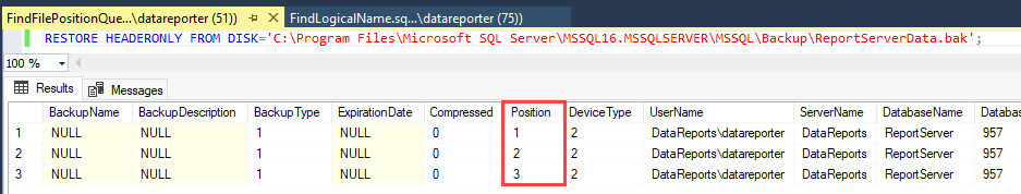 SQL Server Management Studio 쿼리 창의 RESTORE HEADERONLY 문 스크린샷 출력에서 위치 열이 강조 표시됩니다.