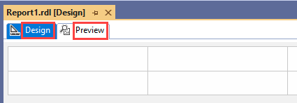 보고서 디자이너 디자인 화면의 스크린샷 보고서 정의 파일의 디자인 및 미리 보기 탭이 강조 표시됩니다.