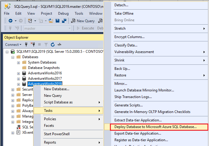 데이터베이스를 마우스 오른쪽 단추로 클릭하고 태스크를 선택하여 데이터베이스를 Microsoft Azure SQL Database에 배포하도록 선택 스크린샷.