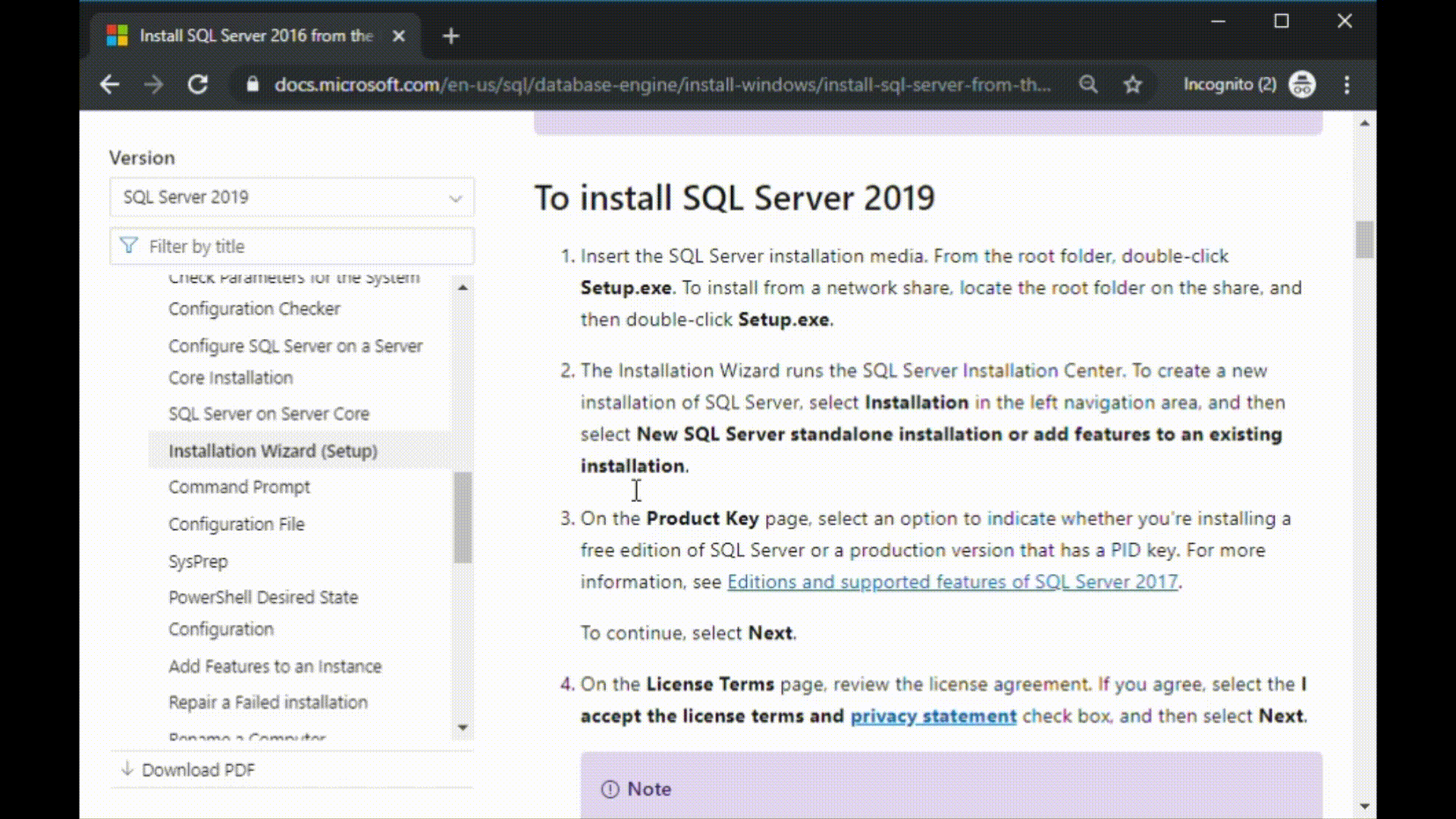 SQL Docs 버전 필터를 보여 주는 스크린샷