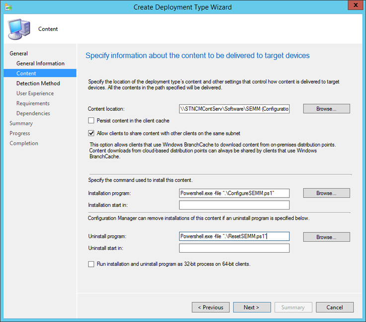 SEMM Configuration Manager 스크립트를 설치 및 제거 명령으로 설정합니다.