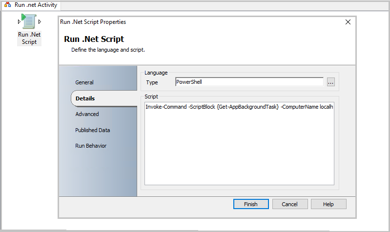 .NET 스크립트 실행 작업의 스크린샷.