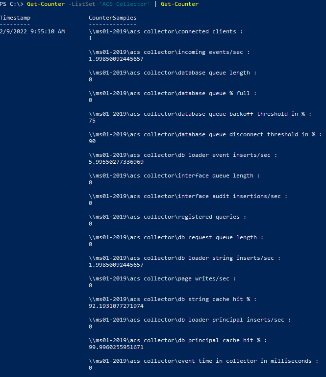 ACS 수집기 성능 데이터를 수집하기 위한 PowerShell 예를 보여주는 스크린샷.