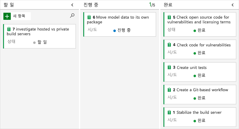 실행 중 열에 있는 카드를 보여 주는 Azure Boards 스크린샷