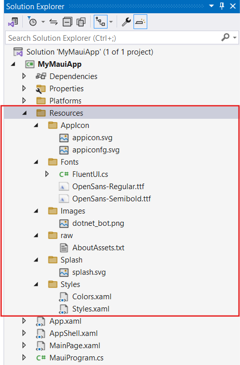 Visual Studio 솔루션 탐색기에서 사각형이 있는 주 프로젝트의 리소스 폴더 스크린샷. 폴더에는 글꼴과 이미지 파일이 포함되어 있습니다.