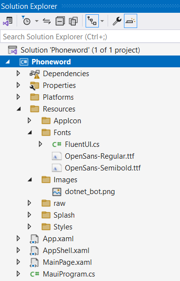 Visual Studio 솔루션 탐색기 창의 Phoneword 프로젝트 스크린샷