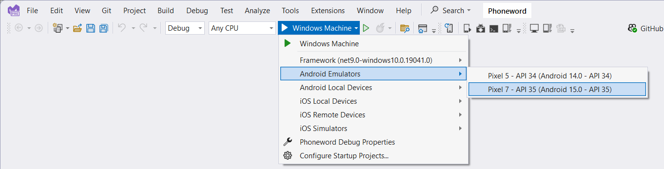 Visual Studio 도구 모음의 스크린샷. 사용자가 디버깅을 시작할 Android 에뮬레이터로 API 30 프로필을 사용하여 Pixel 3을 지정했습니다.