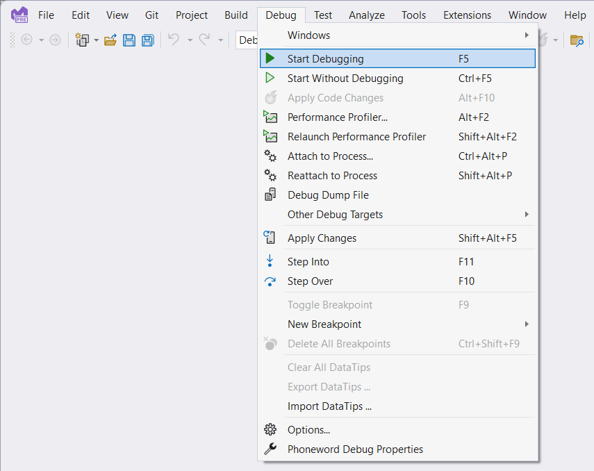 Visual Studio 디버그 메뉴의 스크린샷. 사용자는 Windows 컴퓨터 프로필을 사용하여 앱을 디버깅하고 있습니다.