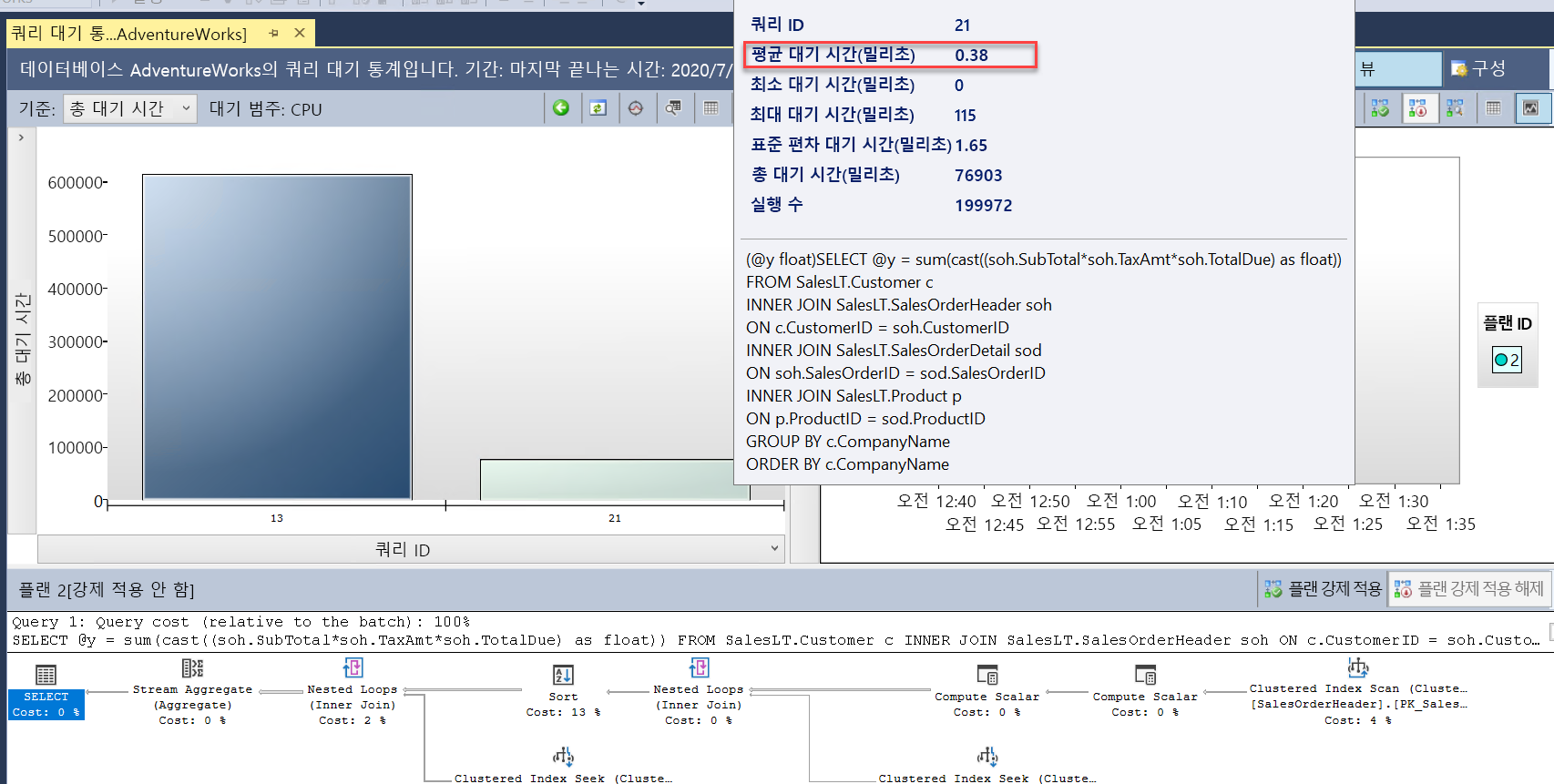 더 빠르게 실행되는 상위 대기 통계 결과 스크린샷