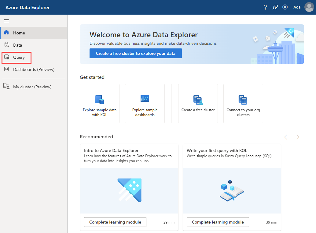 Azure Data Explorer 홈페이지의 스크린샷.