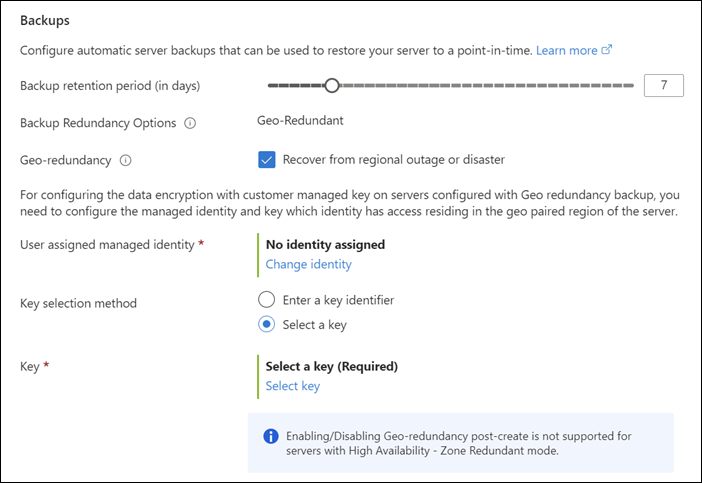 Compute + Storage Azure Portal 유연한 서버 배포 페이지에 있는 고가용성 및 백업 섹션의 스크린샷.