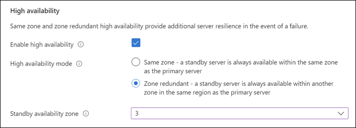 기본 Azure Portal 유연한 서버 배포 페이지에 있는 고가용성 섹션의 스크린샷