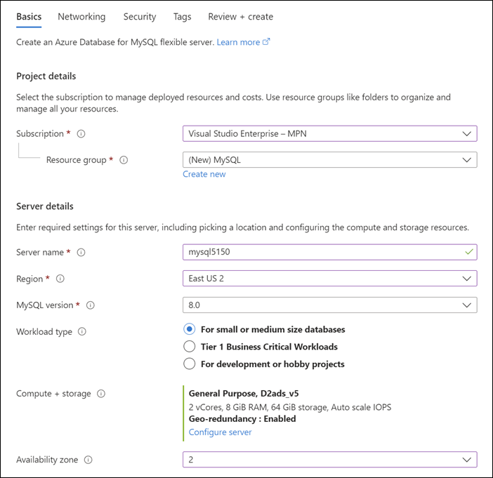 기본 Azure Portal 유연한 서버 배포 페이지의 프로젝트 및 서버 세부 정보 섹션 스크린샷