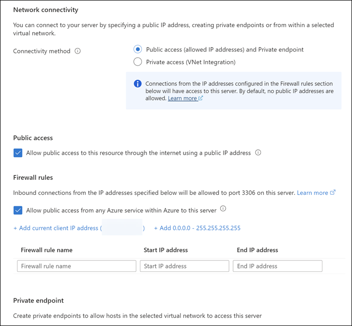 새 Azure Database for MySQL 서버에 대 한 네트워킹 설정을 표시하는 네트워킹 탭 스크린샷.