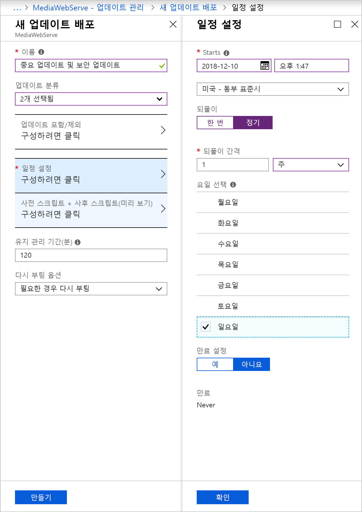 표에 설명된 대로 필드가 채워진 새 업데이트 배포 페이지 및 일정 설정 페이지를 보여 주는 스크린샷