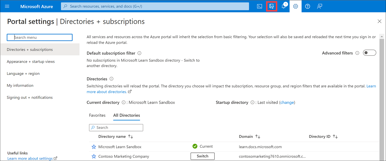 Azure Portal의 디렉터리 선택 대화 상자를 보여 주는 스크린샷