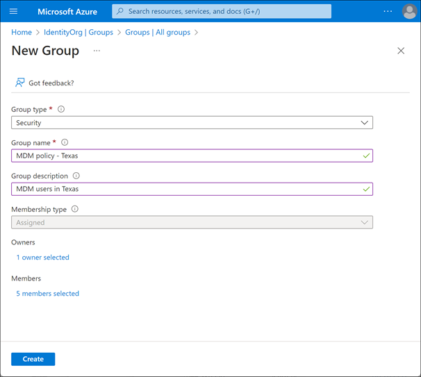 Azure Portal의 그룹 만들기 기능 스크린샷