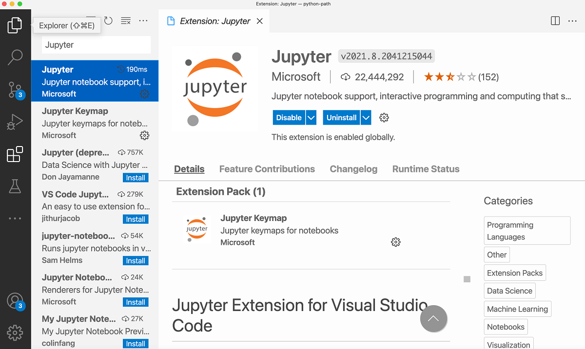 Screenshot that shows the Jupyter extension in Visual Studio Code.