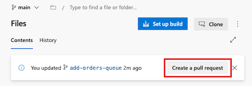 끌어오기 요청을 만드는 데 제공되는 배너를 포함하여 리포지토리의 파일 목록을 보여주는 Azure DevOps의 스크린샷