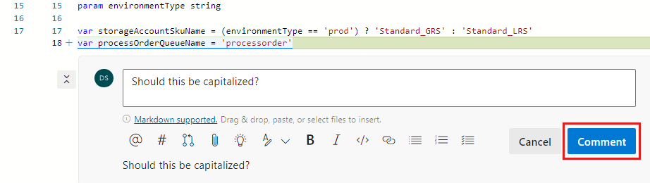 주석 단추가 강조 표시된 상태의 주석 필드를 보여주는 Azure DevOps의 스크린샷