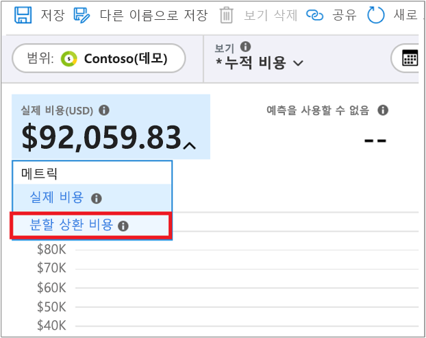 분할 상환 비용 선택을 보여 주는 스크린샷.