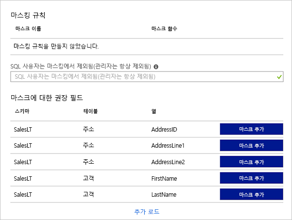 샘플 데이터베이스의 다양한 데이터베이스 열에 대한 권장 마스크 목록을 보여주는 Azure Portal의 스크린샷.