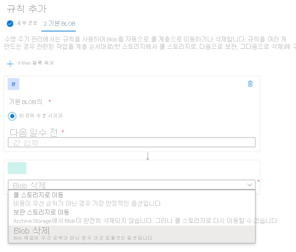 Azure Portal에서 Blob 데이터에 대해 수명 주기 관리 정책 규칙을 추가하는 방법을 보여주는 스크린샷.