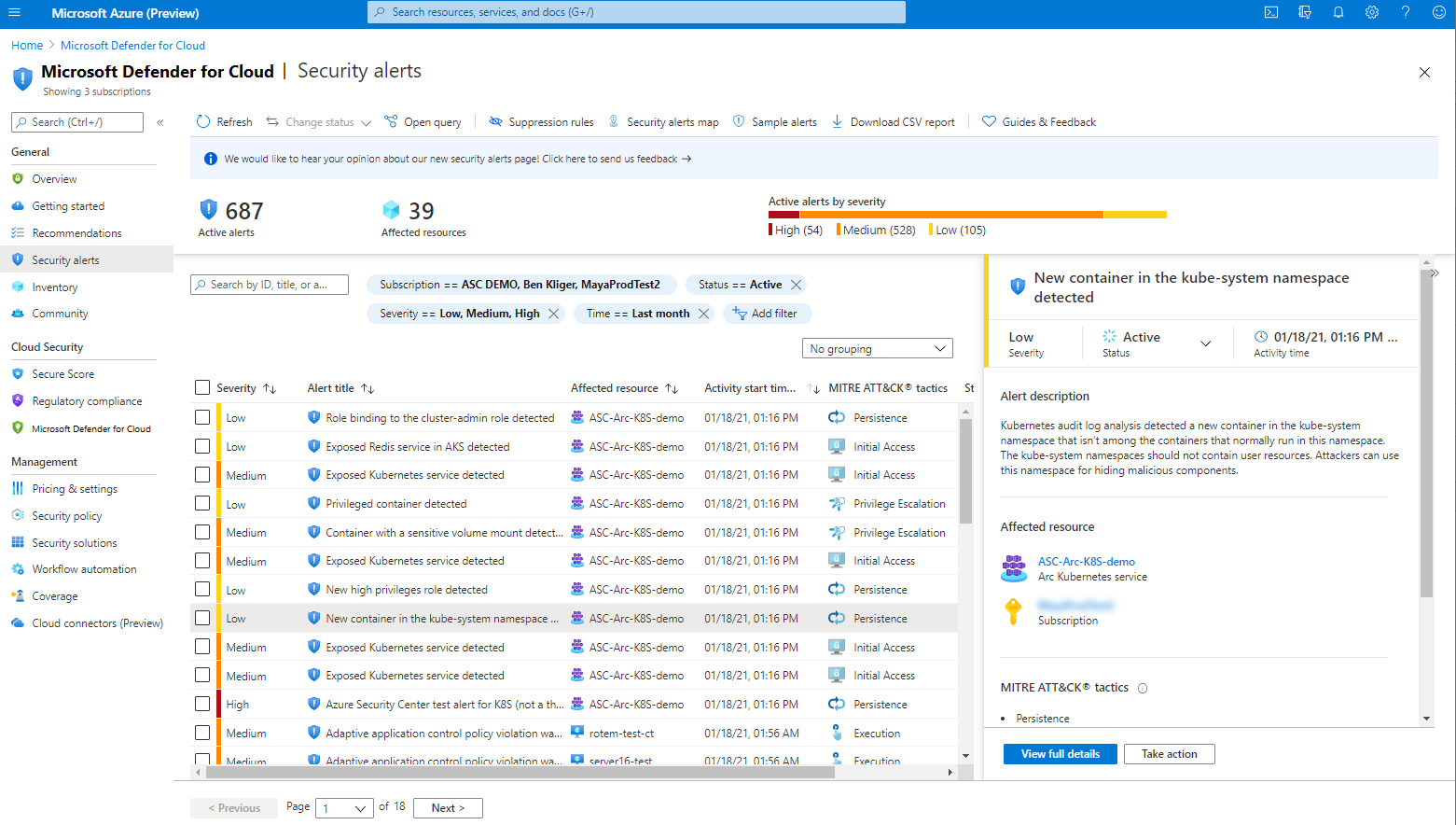 클라우드용 Microsoft Defender의 보안 경고 페이지 보여 주는 스크린샷.