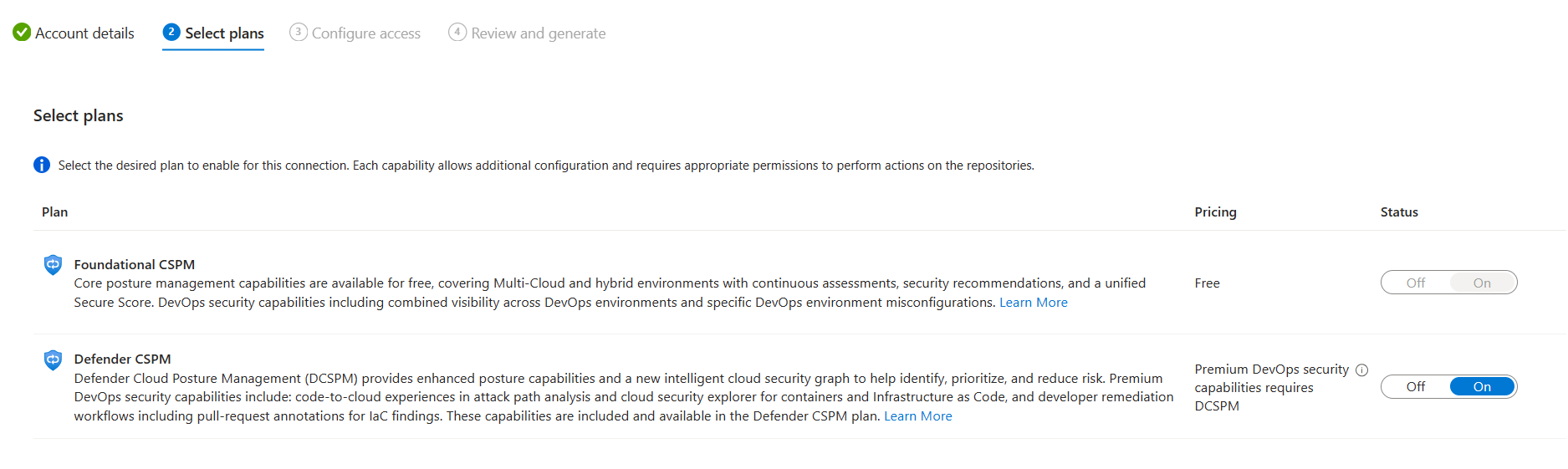 GitHub 커넥터에 대한 Defender CSPM 계획 상태를 구성하는 방법을 보여 주는 스크린샷.