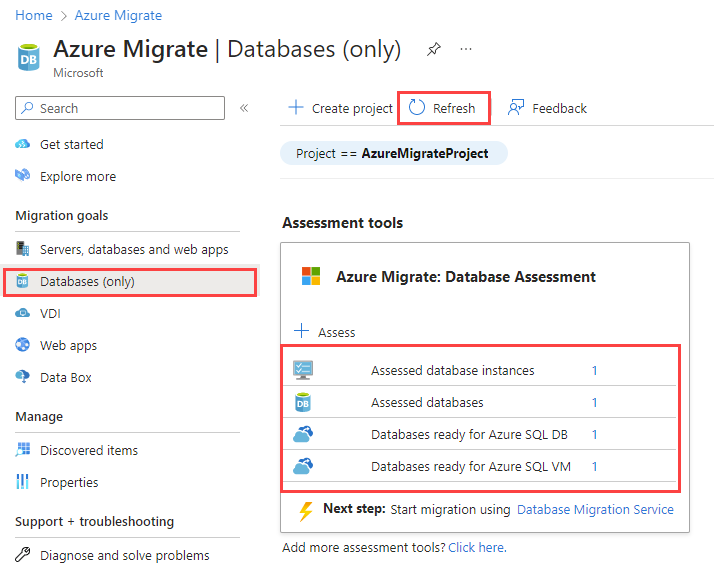 평가 보고서가 업로드된 후 Azure Migrate: 데이터베이스 평가 결과의 스크린샷