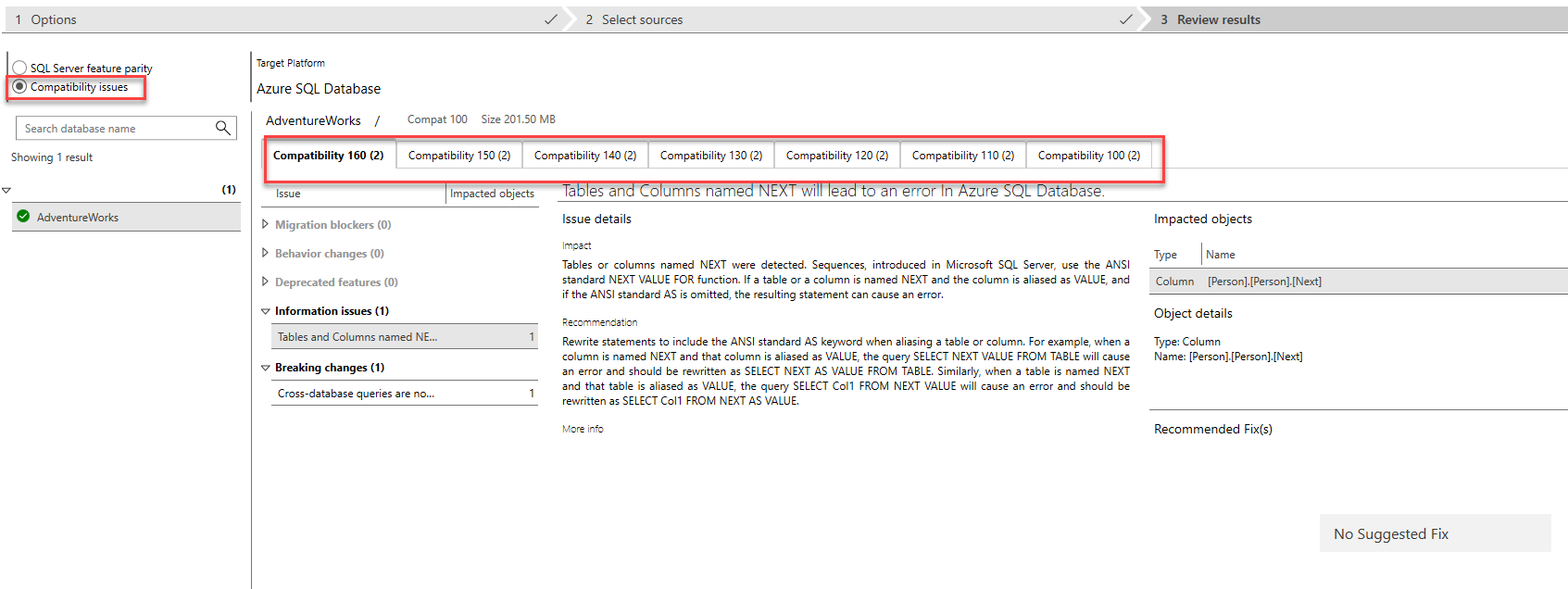 Data Migration Assistant에서 호환성 평가를 실행한 후 검토 결과 탭의 스크린샷