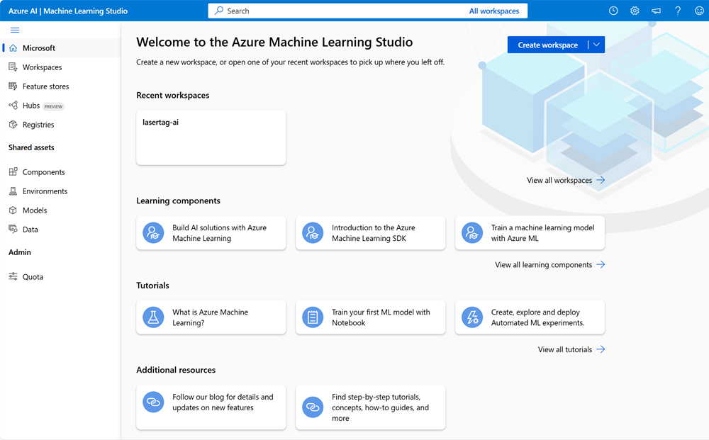 Azure Machine Learning 스튜디오 프레임워크의 스크린샷.