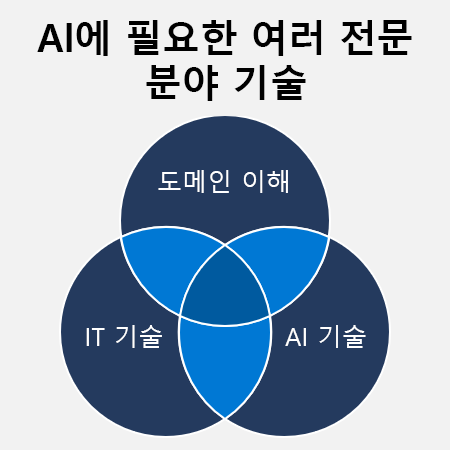 도메인 이해, IT 기술, AI 기술 등 다분야 기술이 AI에 필요함을 보여주는 다이어그램.