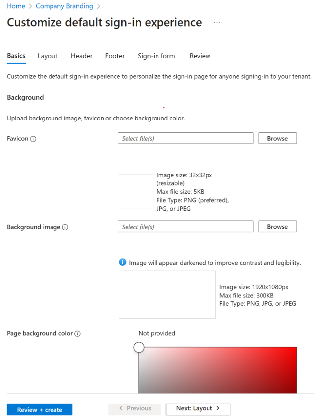 Microsoft Entra ID 회사 브랜딩 페이지의 스크린샷. 기본 언어, 회사 로고 및 값을 선택할 수 있습니다.