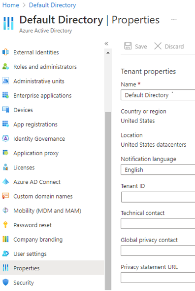 Microsoft Entra ID 속성 대화 상자의 스크린샷입니다. 테넌트 정의를 구성합니다.