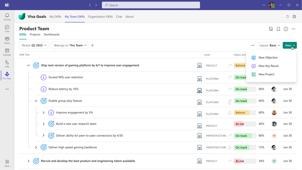 Viva 목표와 Microsoft Teams 간의 통합 스크린샷