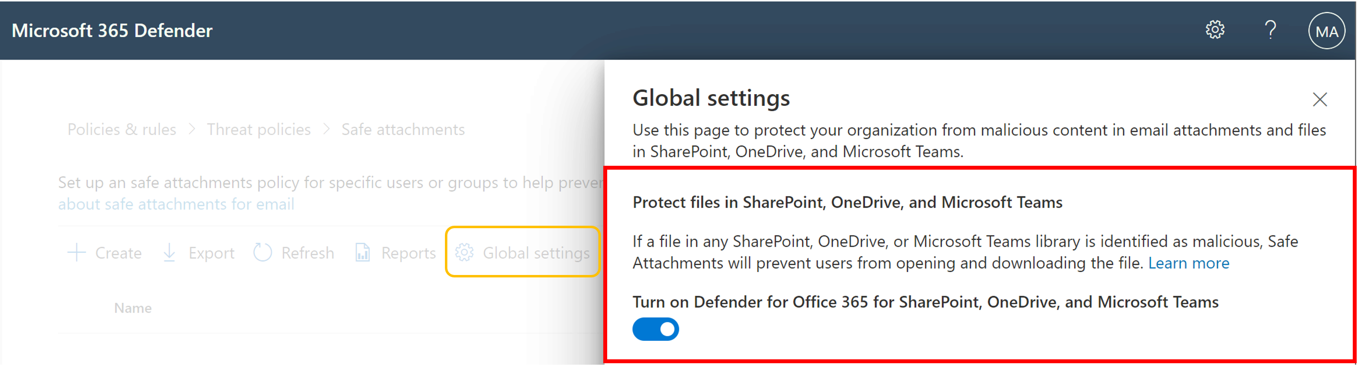 SharePoint, OneDrive 및 Microsoft Teams에 대해 안전한 첨부 파일 설정 스크린샷