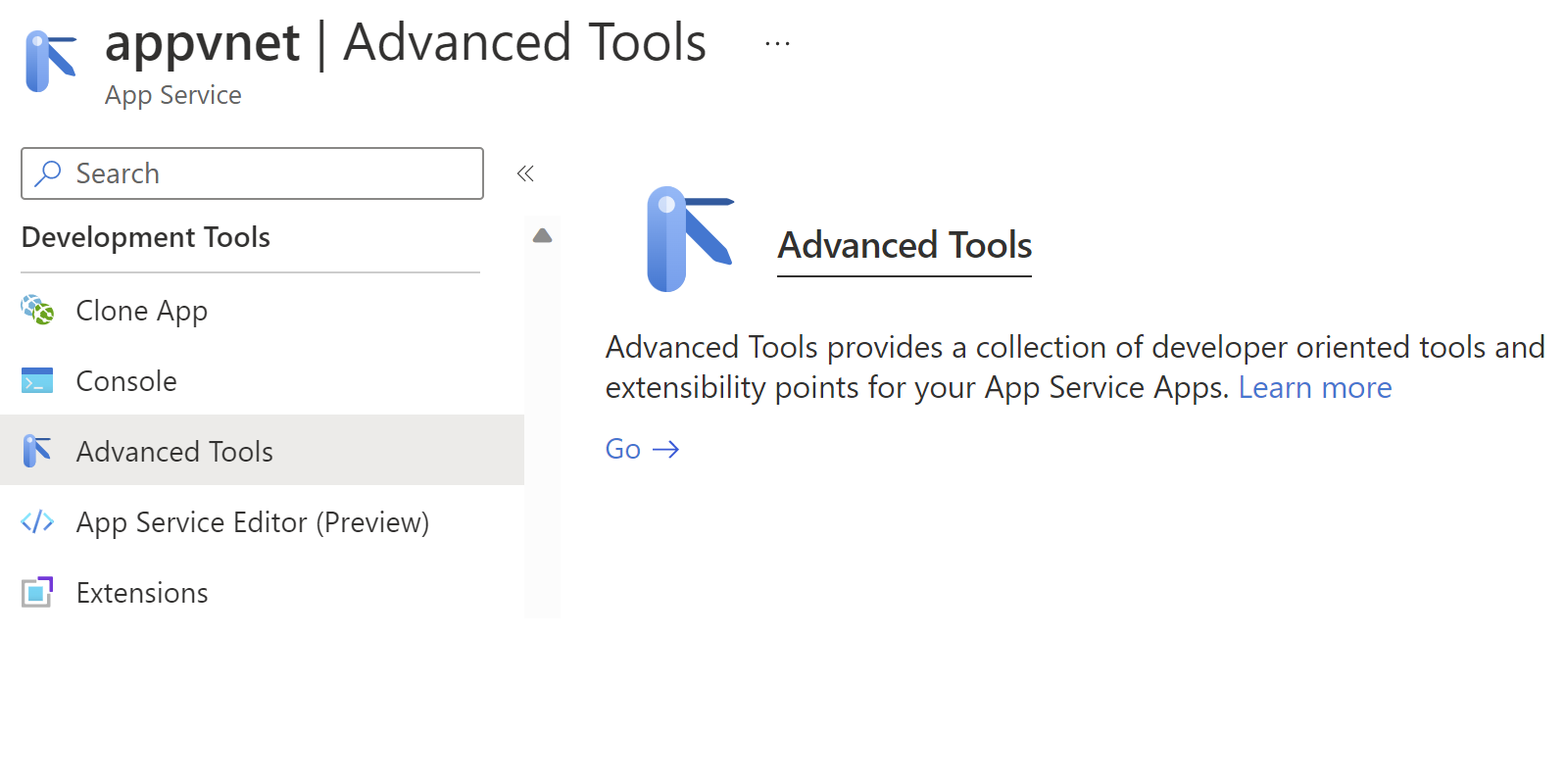 Azure Portal에서 Kudu 서비스 페이지를 여는 방법을 보여 주는 스크린샷