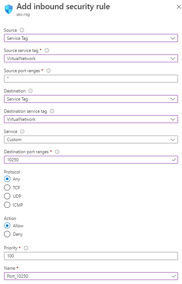 Azure Portal의 인바운드 보안 규칙 추가 창 스크린샷 대상 포트 범위 상자는 새 보안 규칙에 대해 10250으로 설정됩니다.