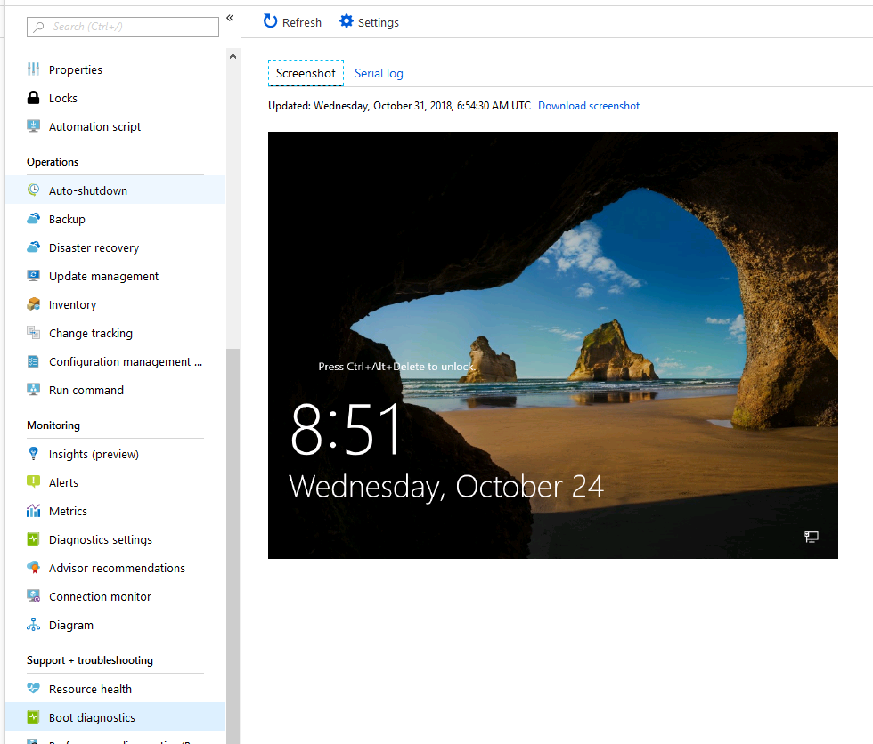 Azure Portal의 부팅 진단 페이지에 있는 스크린샷 탭의 스크린샷