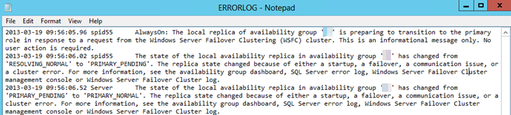 자동 장애 조치(failover)가 성공적으로 트리거된 경우 오류 로그의 스크린샷