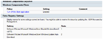 스크린샷은 스토어 응용 프로그램 정책 해제가 사용하도록 설정되어 있으며 일부 설정의 표시 이름을 추가 레지스트리 설정에서 찾을 수 없음을 보여줍니다. 2개 설정이 나열됩니다.