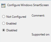 그룹 정책 개체 편집기의 Windows SmartScreen 구성 설정 창 스크린샷 값이 Disabled로 설정됩니다.