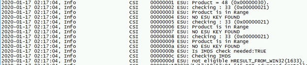 ESU: NO ESU KEY FOUND를 포함하는 예제 CBS 로그 항목의 스크린샷