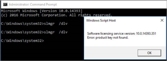 slmgr /dlv 명령과 이 명령의 결과로 표시된 제품 키를 찾을 수 없음 오류 메시지를 보여주는 명령 프롬프트 창의 스크린샷