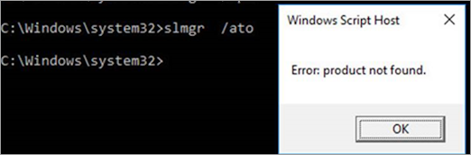 slmgr /ato 명령과 이 명령의 결과로 표시된 제품을 찾을 수 없음 오류 메시지를 보여주는 명령 프롬프트 창의 스크린샷