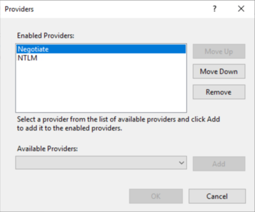 사용 가능한 공급자에 Negotiate가 포함되어 있는 것을 보여 주는 공급자 창의 스크린샷